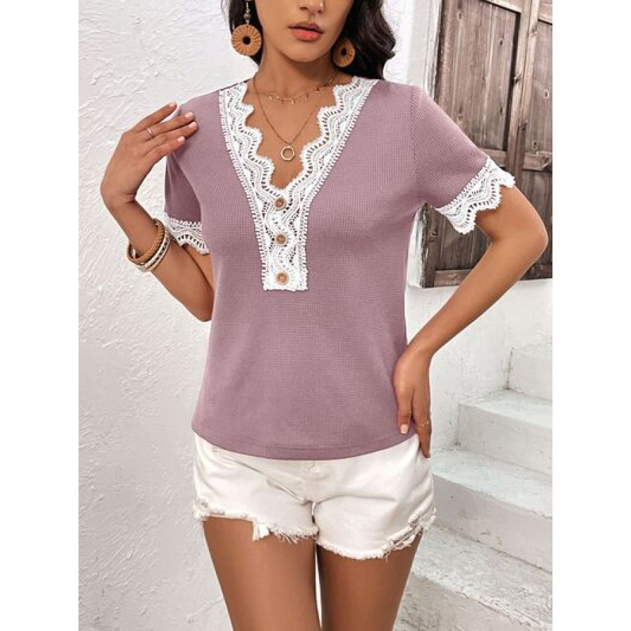 Lace Detail V - Neck Short Sleeve T - Shirt Lilac / S Apparel and Accessories