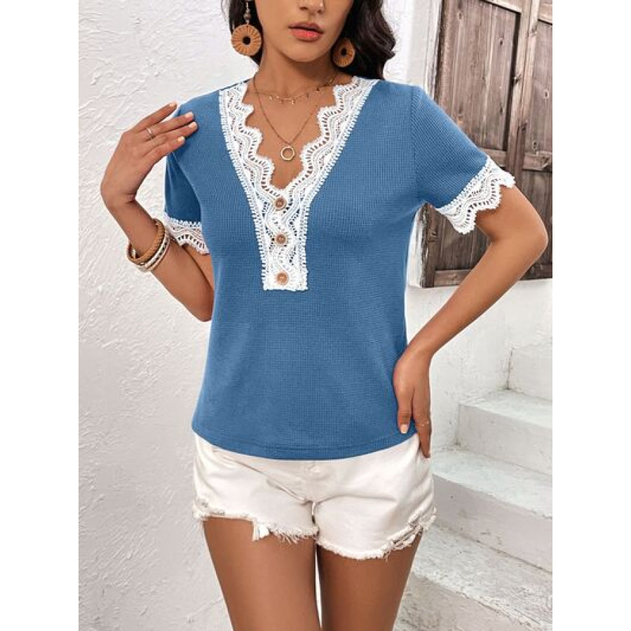 Lace Detail V - Neck Short Sleeve T - Shirt Sky Blue / S Apparel and Accessories