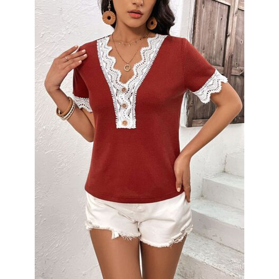 Lace Detail V - Neck Short Sleeve T - Shirt Wine / S Apparel and Accessories