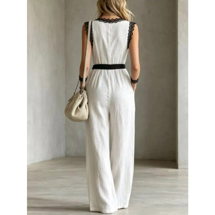 Lace Detail V-Neck Sleeveless Jumpsuit Apparel and Accessories