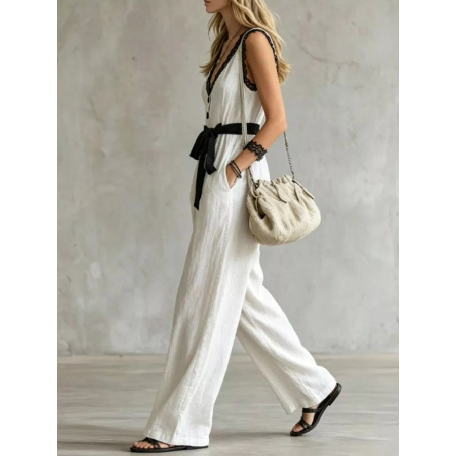 Lace Detail V-Neck Sleeveless Jumpsuit Apparel and Accessories