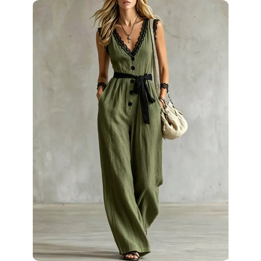 Lace Detail V-Neck Sleeveless Jumpsuit Army Green / S Apparel and Accessories