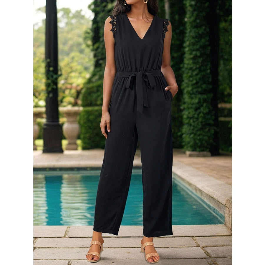 Lace Detail V-Neck Sleeveless Jumpsuit Black / S Apparel and Accessories