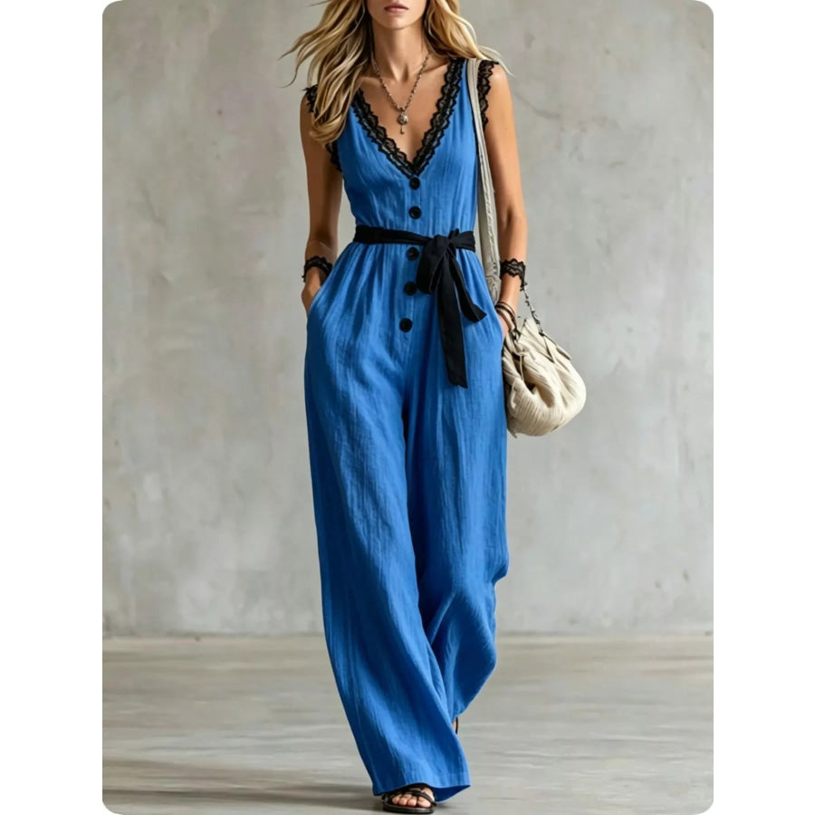 Lace Detail V-Neck Sleeveless Jumpsuit Blue / S Apparel and Accessories