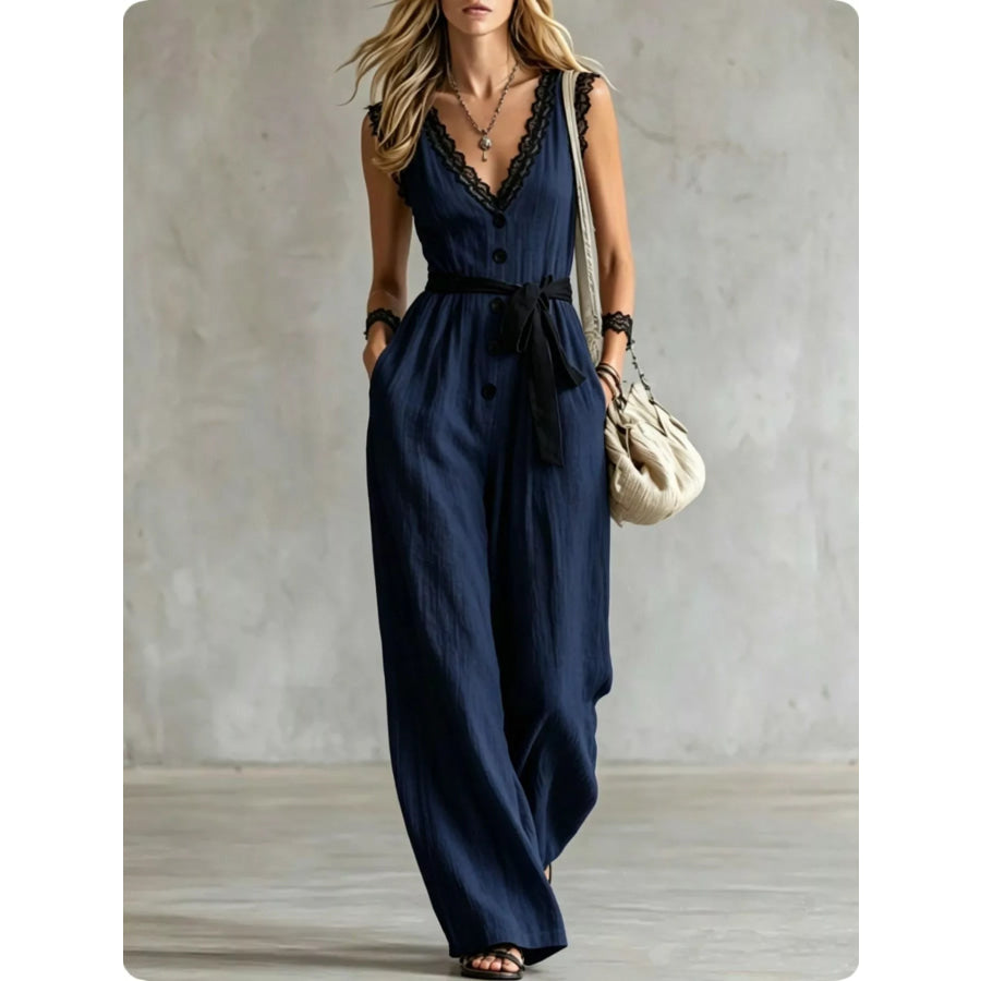 Lace Detail V-Neck Sleeveless Jumpsuit Navy Blue / S Apparel and Accessories
