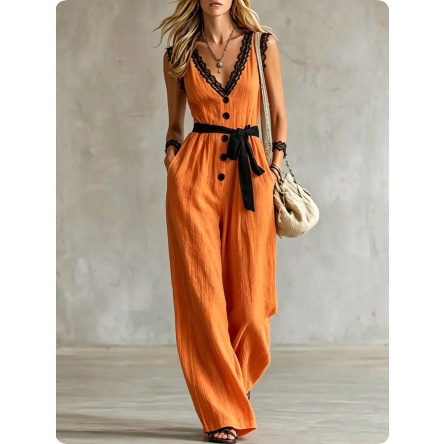 Lace Detail V-Neck Sleeveless Jumpsuit Orange / S Apparel and Accessories