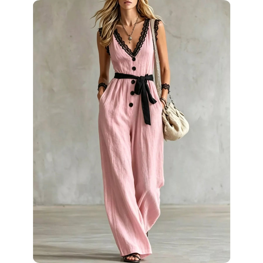 Lace Detail V-Neck Sleeveless Jumpsuit Pink / S Apparel and Accessories