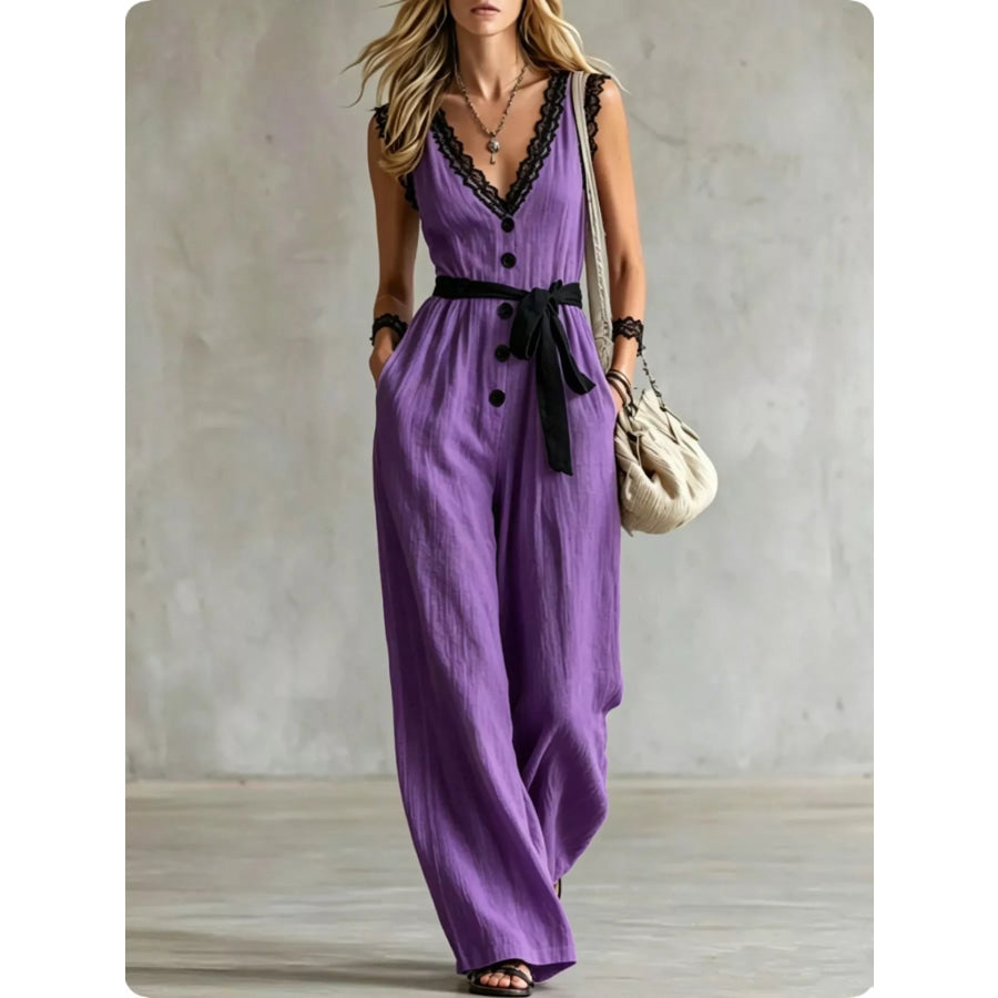 Lace Detail V-Neck Sleeveless Jumpsuit Purple / S Apparel and Accessories