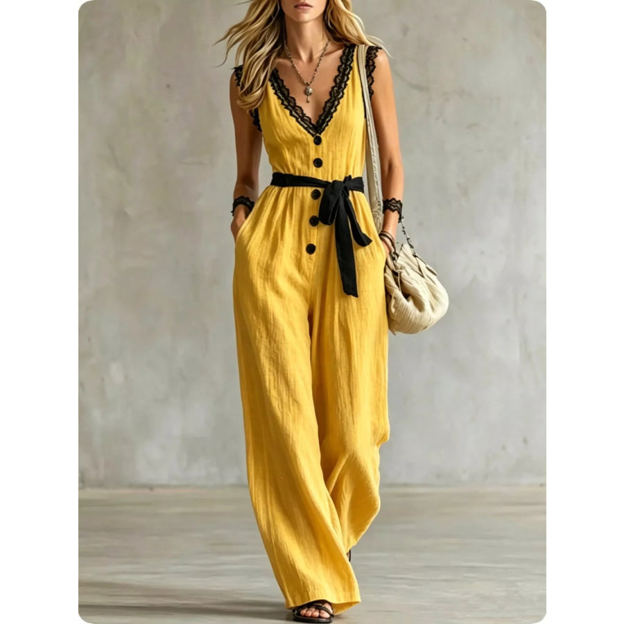 Lace Detail V-Neck Sleeveless Jumpsuit Yellow / S Apparel and Accessories
