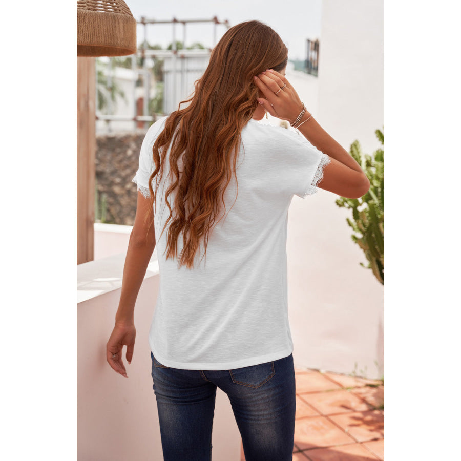 Lace Detail V - Neck T - Shirt White / S Apparel and Accessories