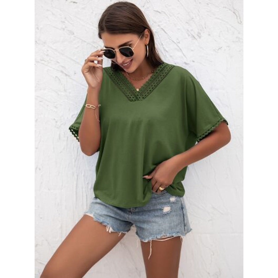Lace Detail V - Neck T - Shirt Green / S Apparel and Accessories