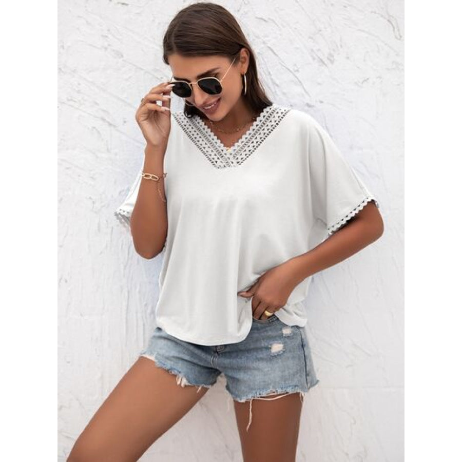 Lace Detail V - Neck T - Shirt White / S Apparel and Accessories