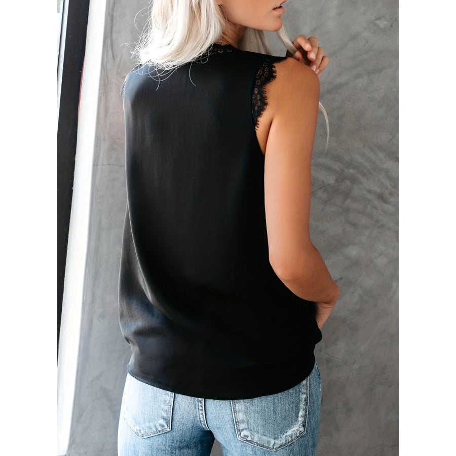 Lace Detail V - Neck Tank Black / S Apparel and Accessories