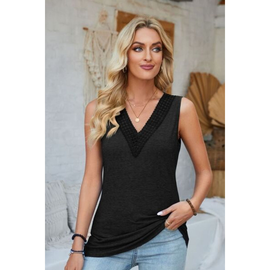 Lace Detail V - Neck Tank Black / S Apparel and Accessories