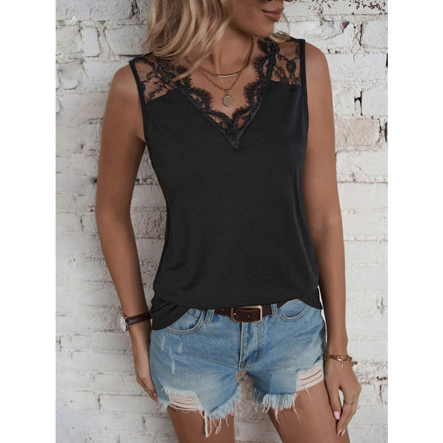 Lace Detail V - Neck Tank Black / S Apparel and Accessories