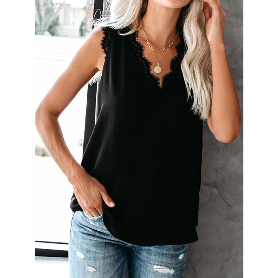 Lace Detail V - Neck Tank Black / S Apparel and Accessories