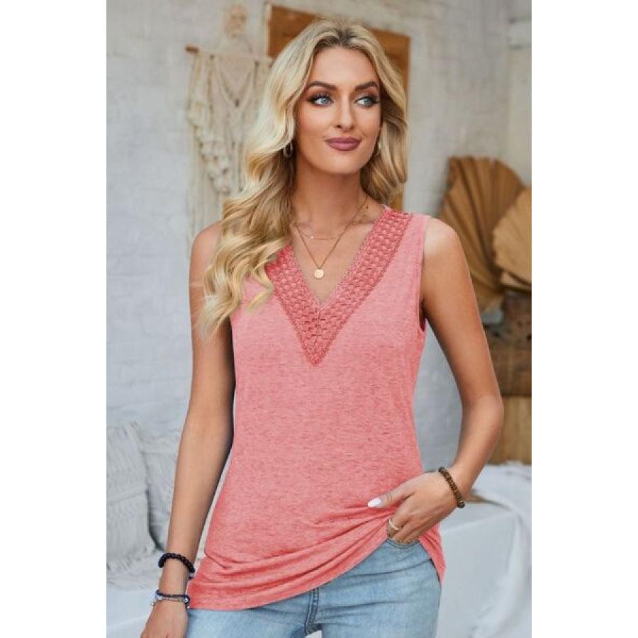 Lace Detail V - Neck Tank Burnt Coral / S Apparel and Accessories