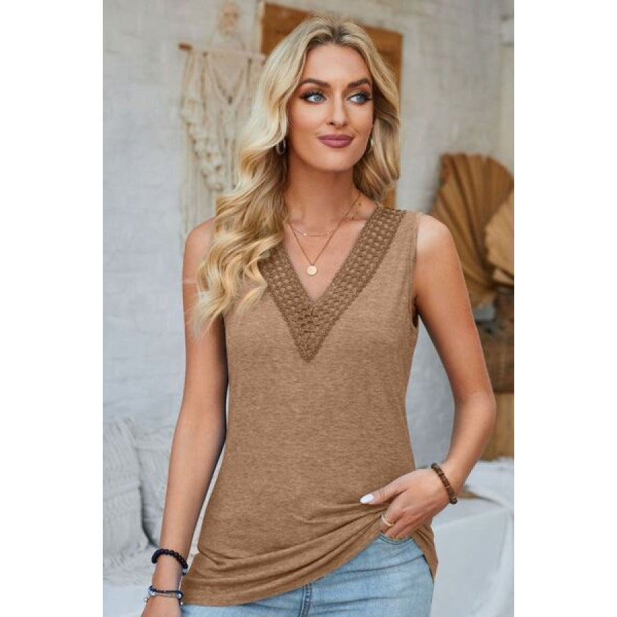 Lace Detail V - Neck Tank Camel / S Apparel and Accessories