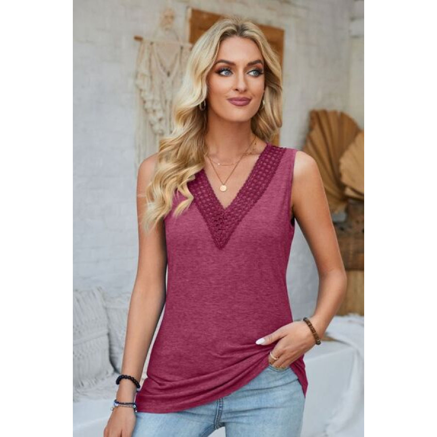 Lace Detail V - Neck Tank Cerise / S Apparel and Accessories