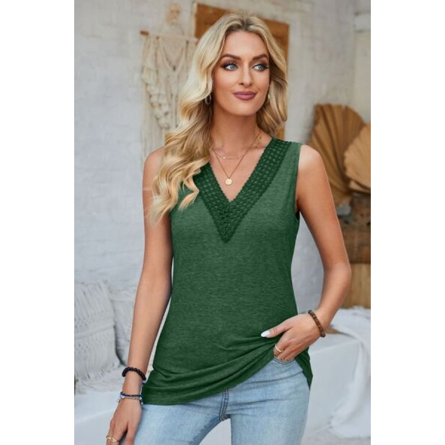 Lace Detail V - Neck Tank Green / S Apparel and Accessories