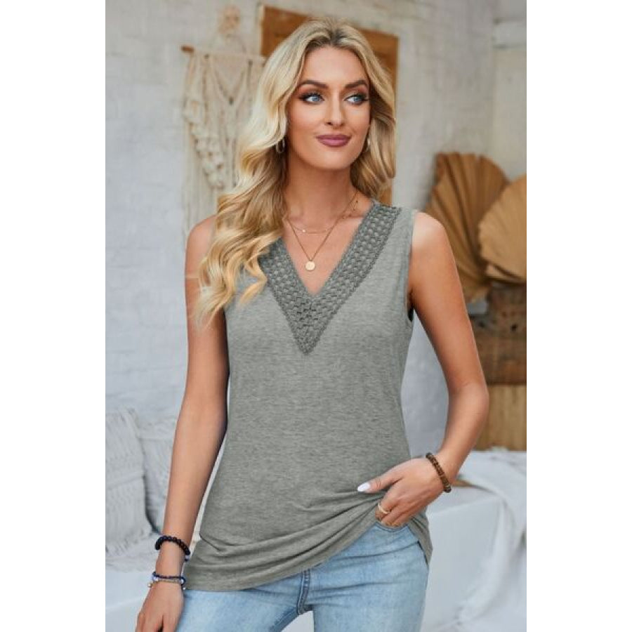 Lace Detail V - Neck Tank Heather Gray / S Apparel and Accessories