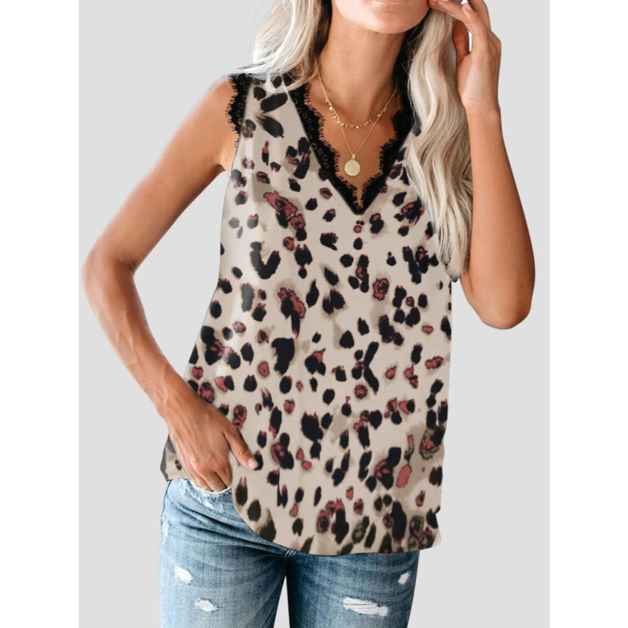 Lace Detail V-Neck Tank Leopard / S Apparel and Accessories