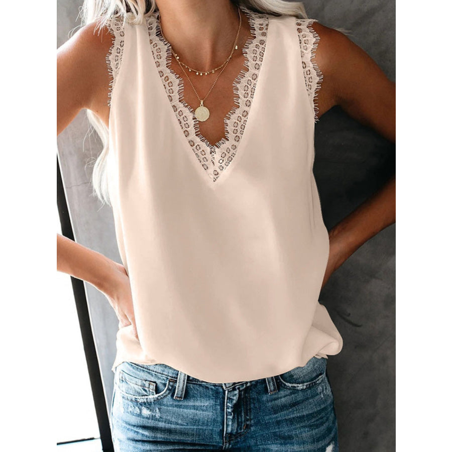 Lace Detail V - Neck Tank Sand / S Apparel and Accessories