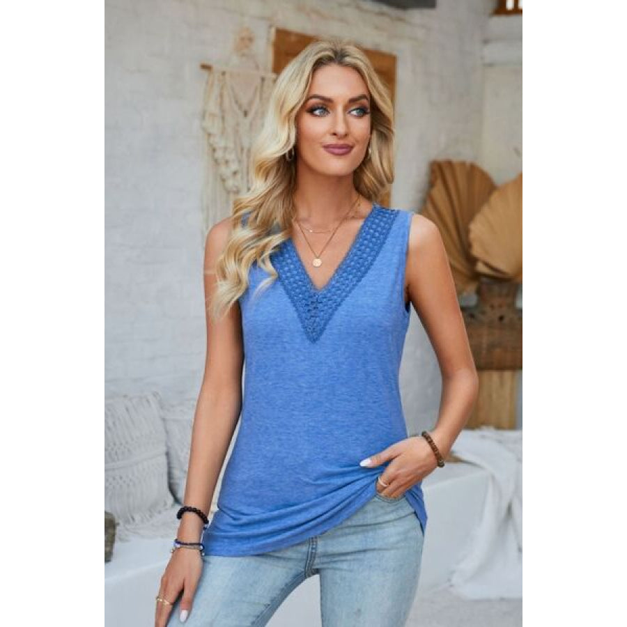 Lace Detail V - Neck Tank Ultra marine / S Apparel and Accessories