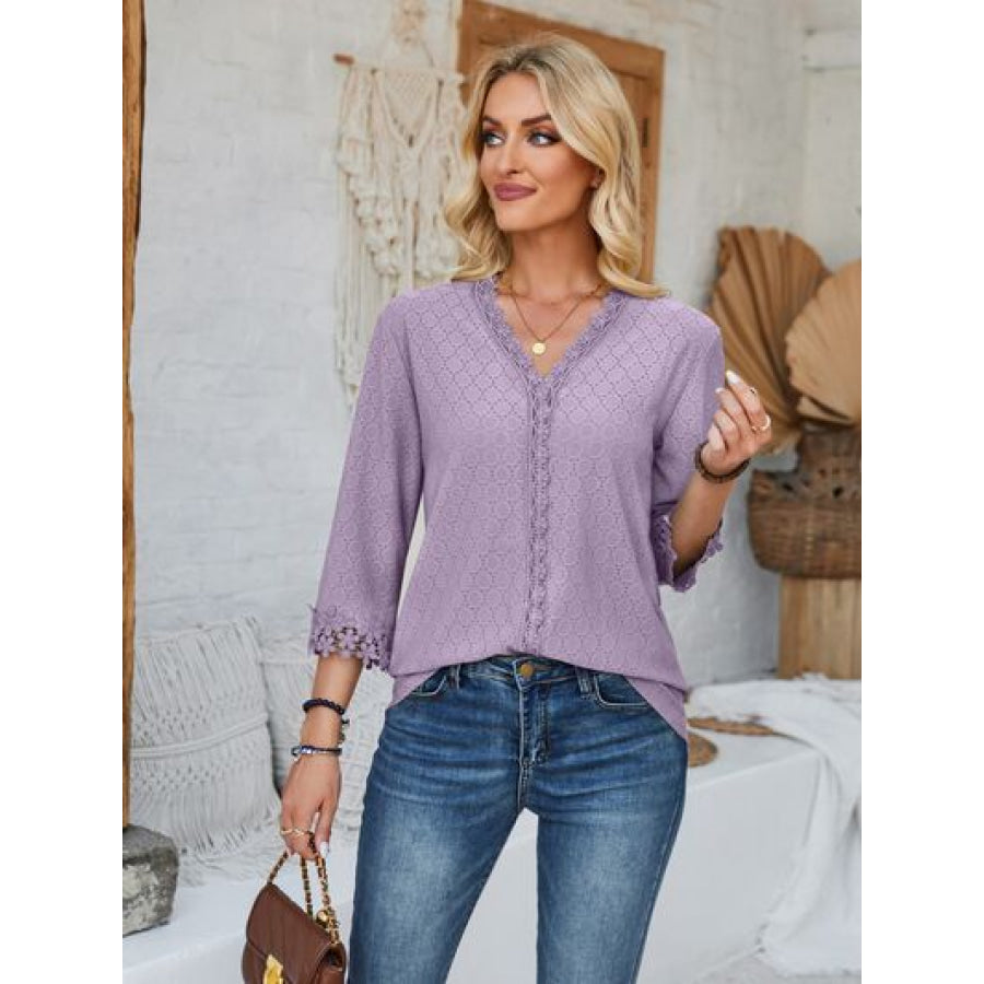 Lace Detail V - Neck Three - Quarter Sleeve Blouse Apparel and Accessories