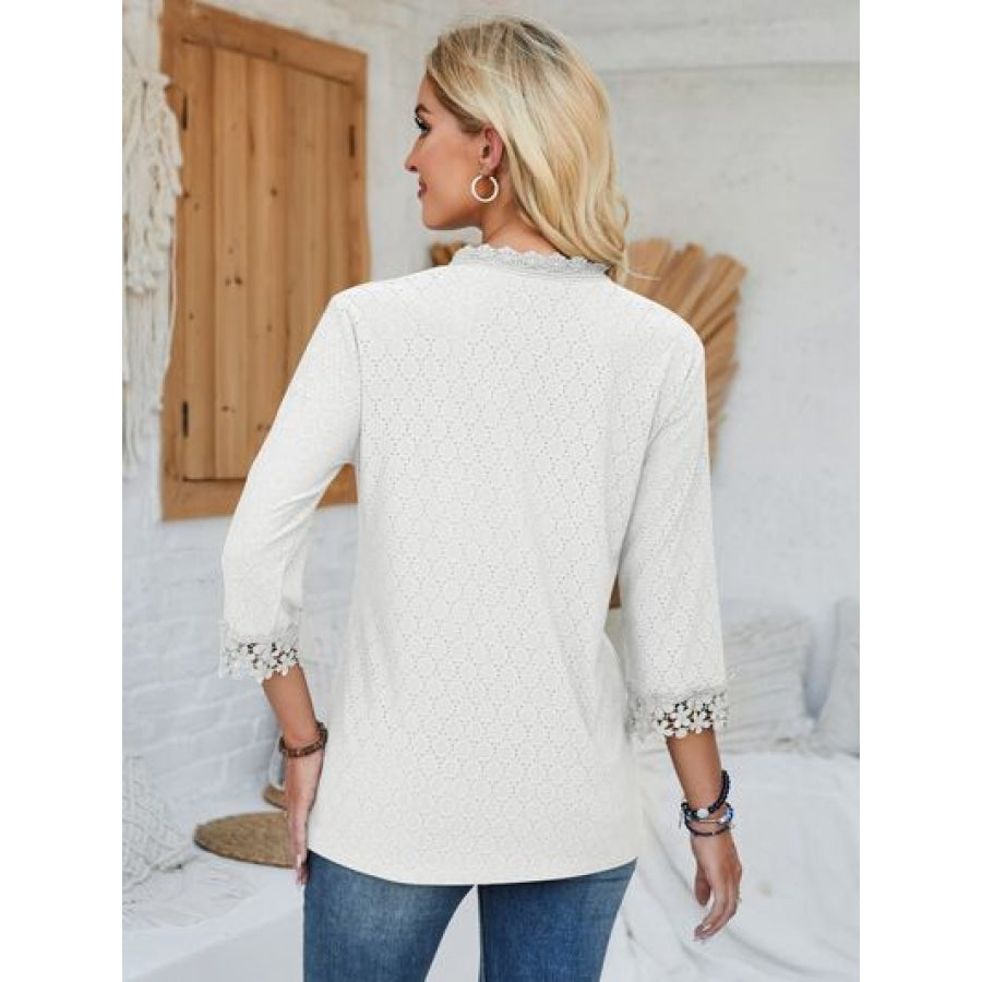 Lace Detail V - Neck Three - Quarter Sleeve Blouse Apparel and Accessories