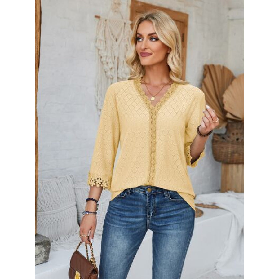 Lace Detail V - Neck Three - Quarter Sleeve Blouse Apparel and Accessories