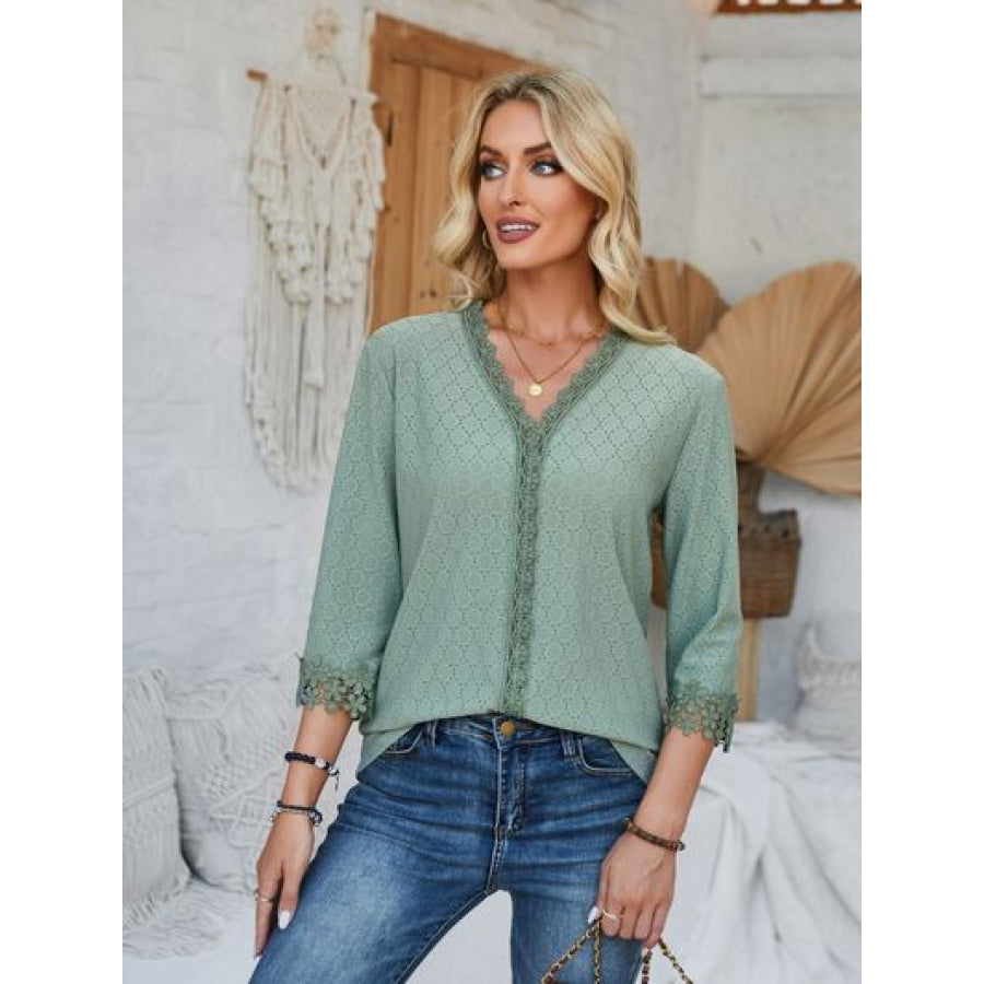 Lace Detail V - Neck Three - Quarter Sleeve Blouse Apparel and Accessories