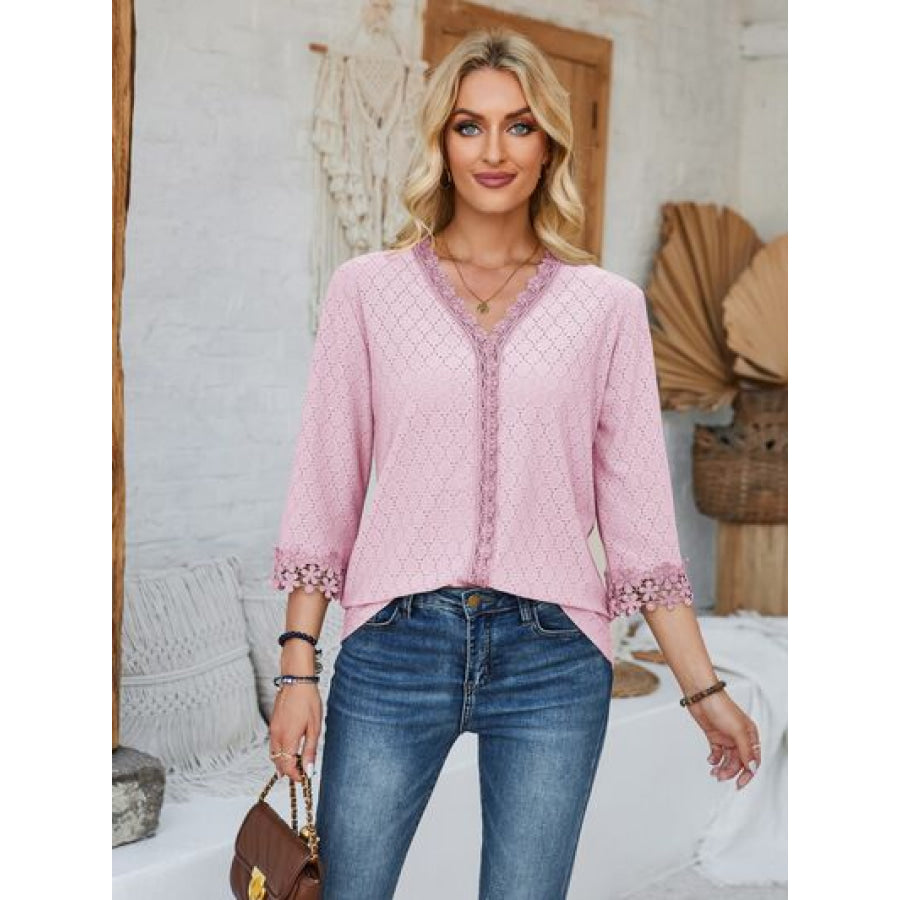 Lace Detail V - Neck Three - Quarter Sleeve Blouse Apparel and Accessories