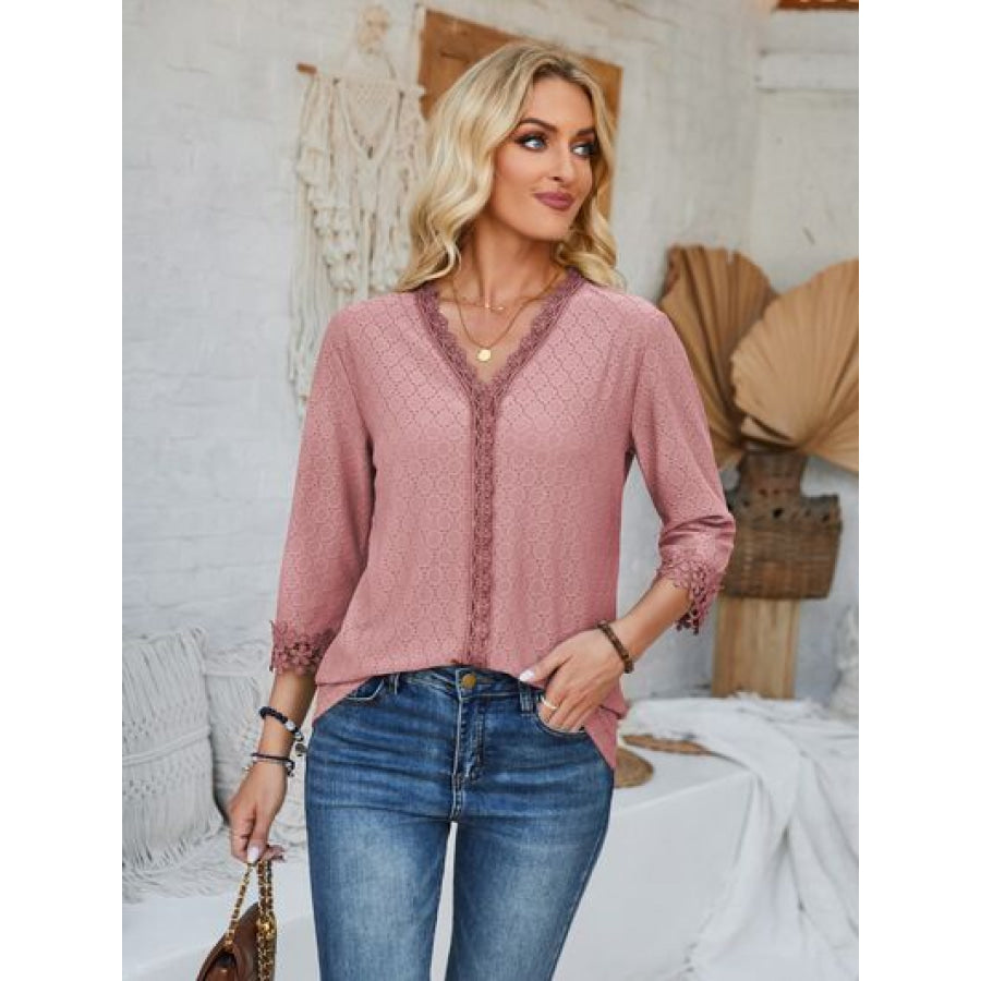 Lace Detail V - Neck Three - Quarter Sleeve Blouse Apparel and Accessories