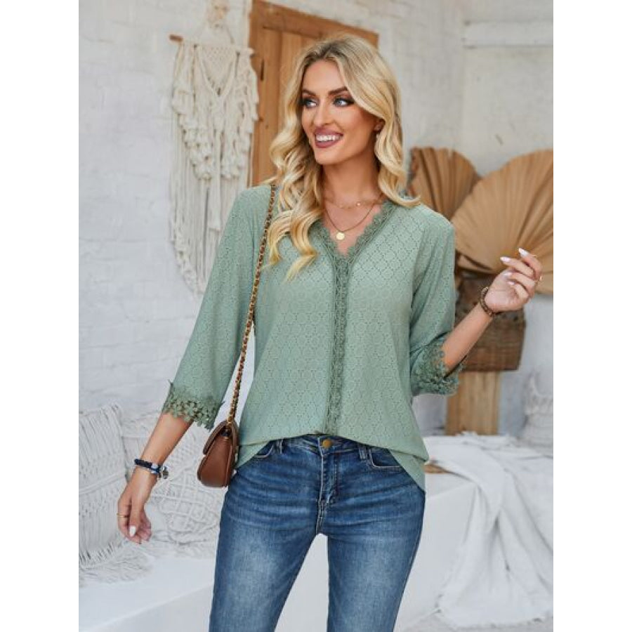 Lace Detail V - Neck Three - Quarter Sleeve Blouse Apparel and Accessories