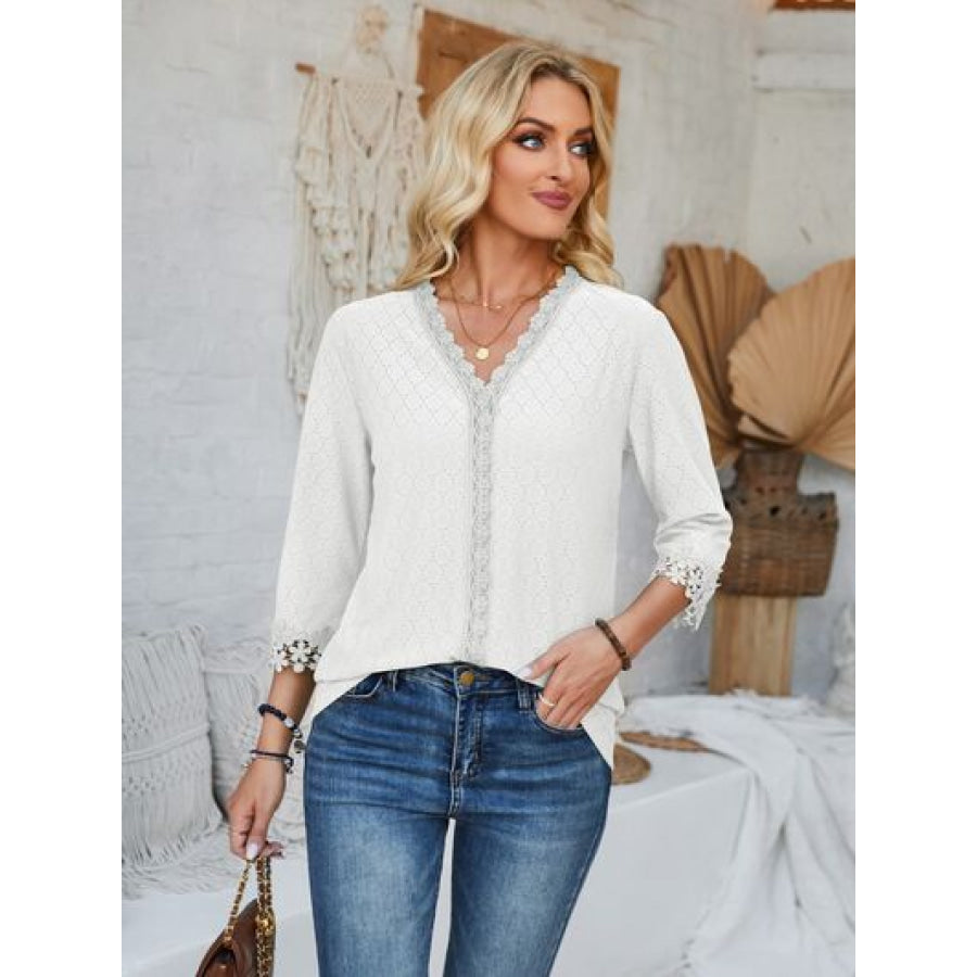 Lace Detail V - Neck Three - Quarter Sleeve Blouse Apparel and Accessories