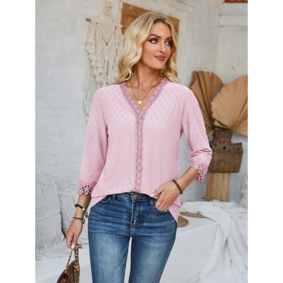 Lace Detail V - Neck Three - Quarter Sleeve Blouse Apparel and Accessories