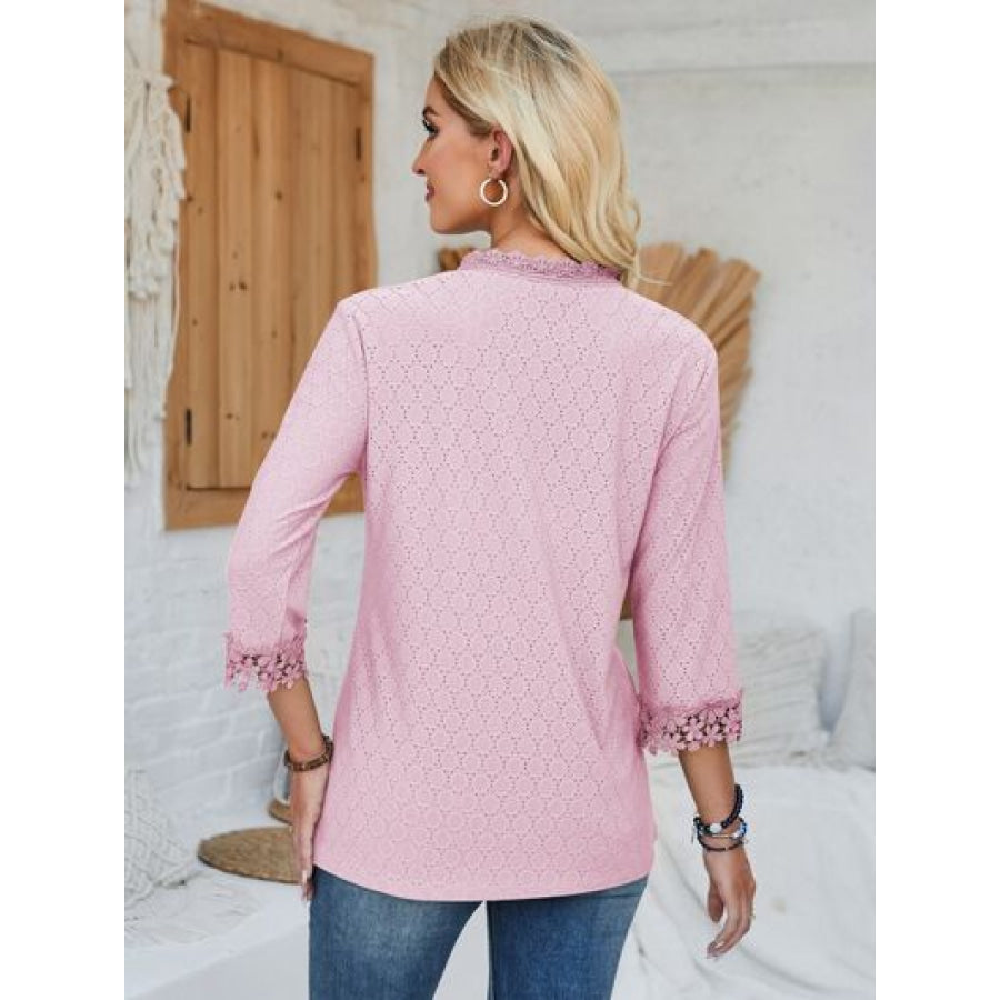 Lace Detail V - Neck Three - Quarter Sleeve Blouse Apparel and Accessories