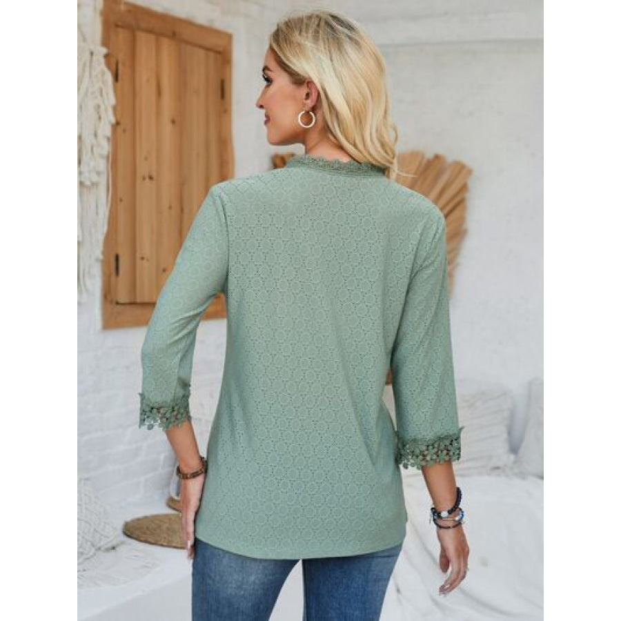 Lace Detail V - Neck Three - Quarter Sleeve Blouse Apparel and Accessories