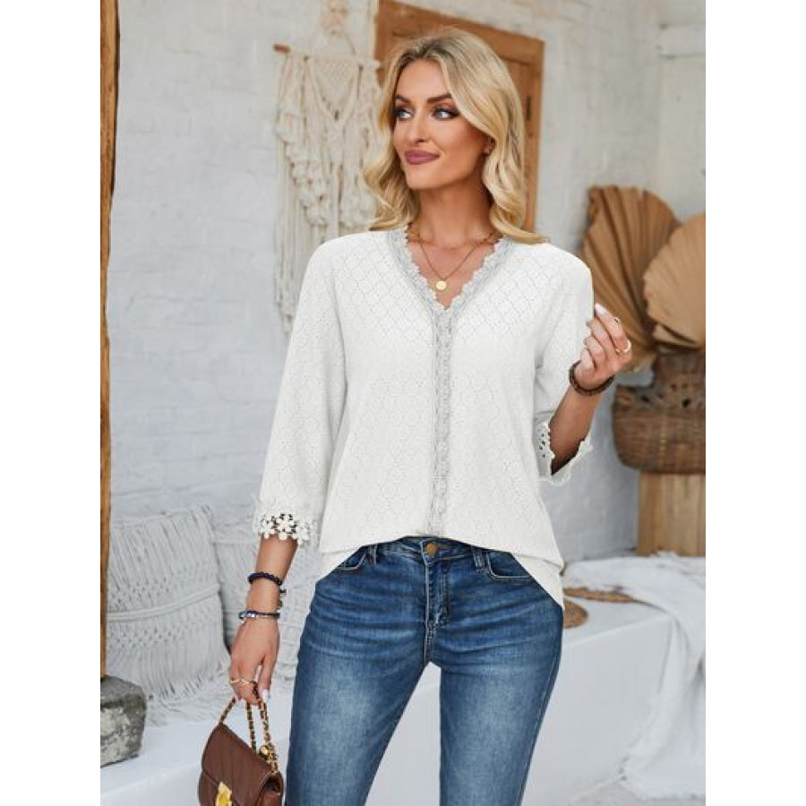 Lace Detail V - Neck Three - Quarter Sleeve Blouse Apparel and Accessories