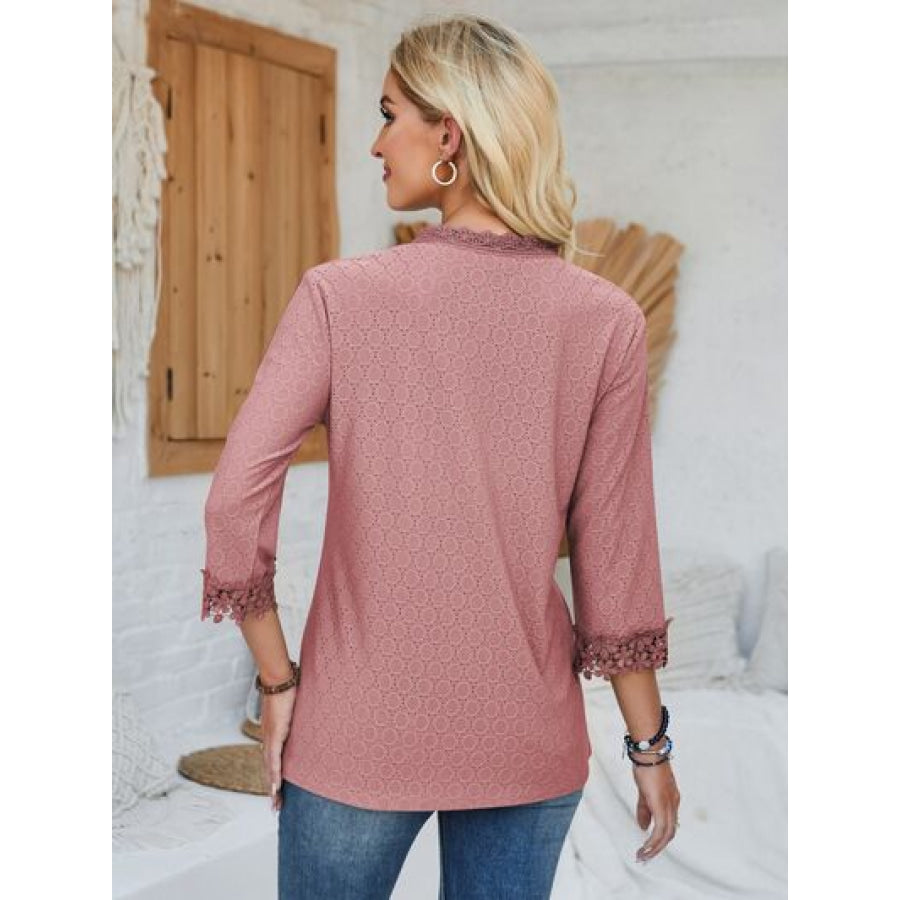 Lace Detail V - Neck Three - Quarter Sleeve Blouse Apparel and Accessories