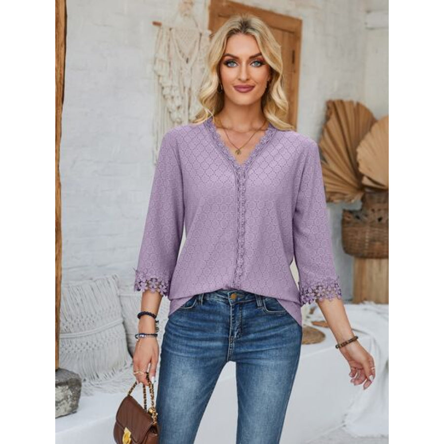 Lace Detail V - Neck Three - Quarter Sleeve Blouse Apparel and Accessories