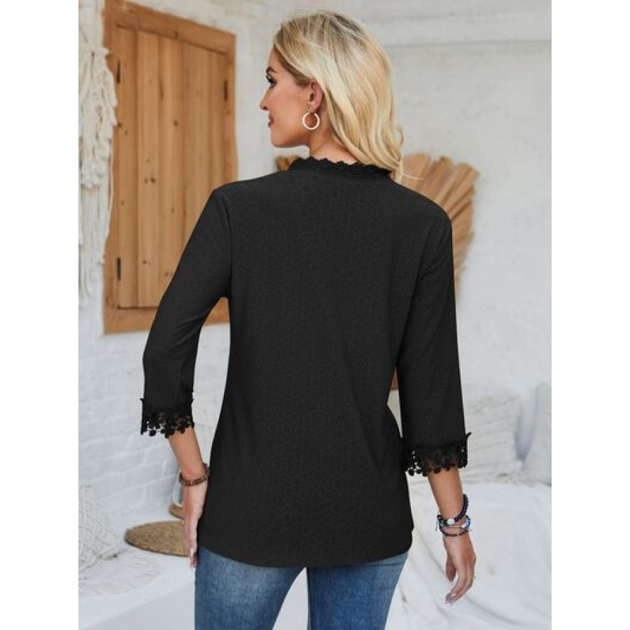 Lace Detail V - Neck Three - Quarter Sleeve Blouse Apparel and Accessories