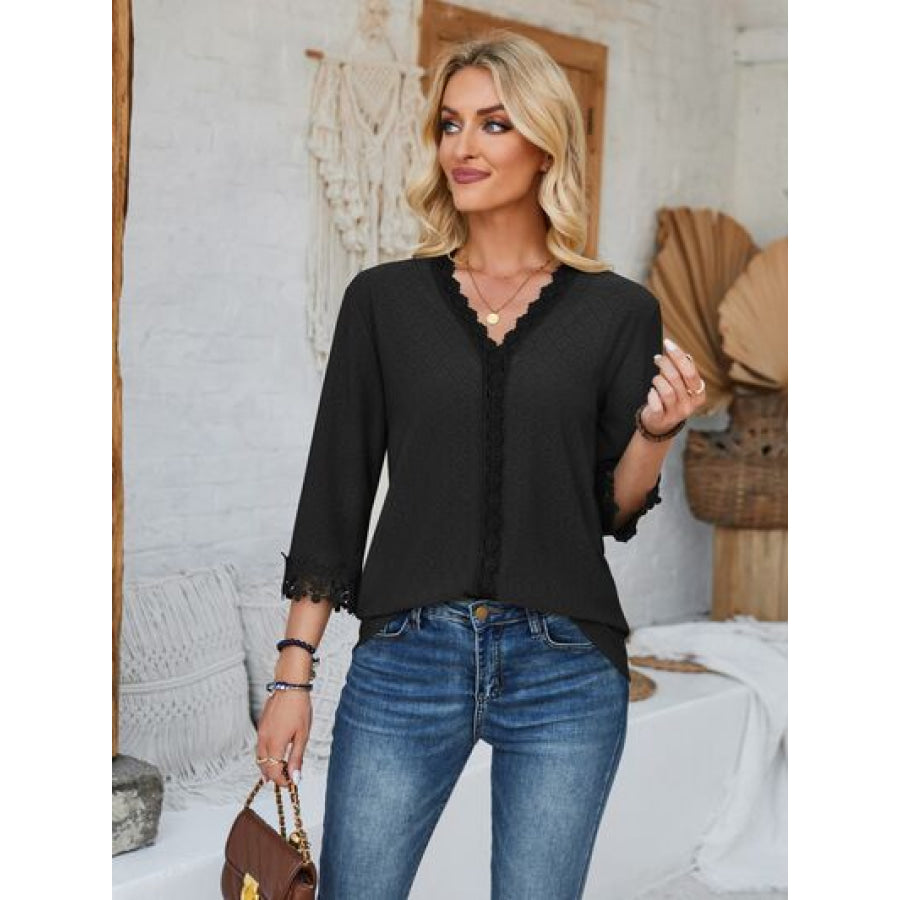 Lace Detail V - Neck Three - Quarter Sleeve Blouse Apparel and Accessories