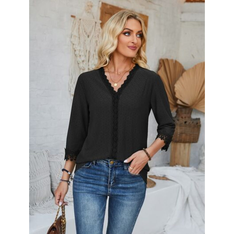 Lace Detail V - Neck Three - Quarter Sleeve Blouse Black / S Apparel and Accessories