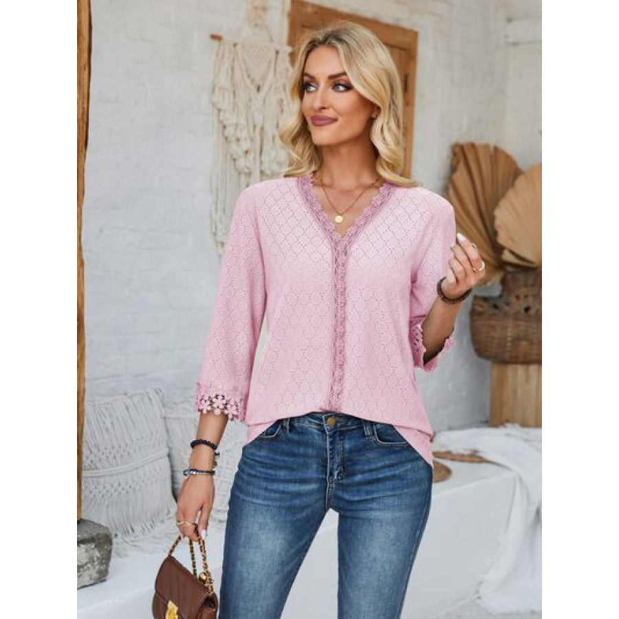 Lace Detail V - Neck Three - Quarter Sleeve Blouse Blush Pink / S Apparel and Accessories