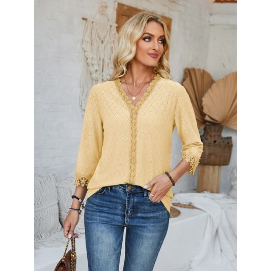 Lace Detail V - Neck Three - Quarter Sleeve Blouse Butter Yellow / S Apparel and Accessories