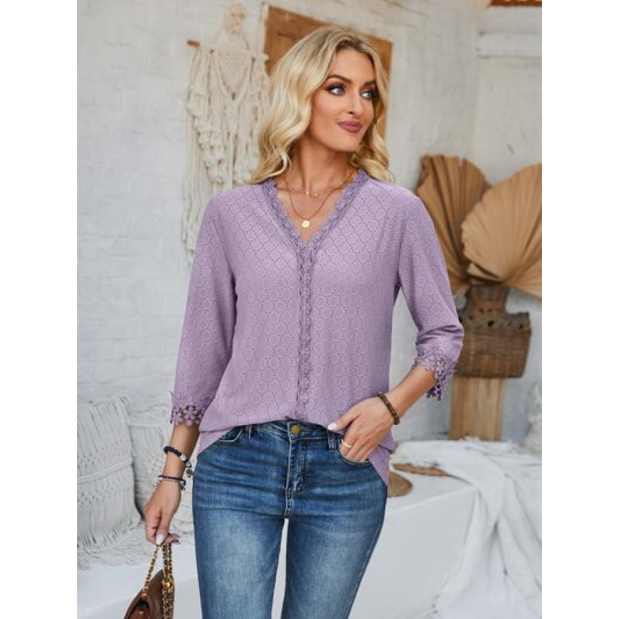 Lace Detail V - Neck Three - Quarter Sleeve Blouse Lavender / S Apparel and Accessories