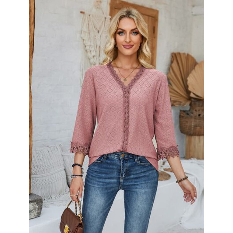 Lace Detail V - Neck Three - Quarter Sleeve Blouse Light Mauve / S Apparel and Accessories