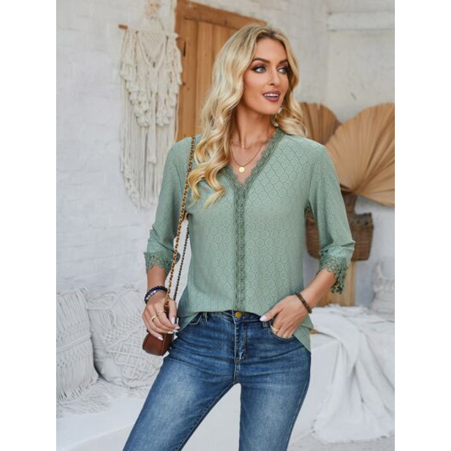 Lace Detail V - Neck Three - Quarter Sleeve Blouse Sage / S Apparel and Accessories